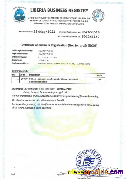 Liberia Certificate of Business Registration